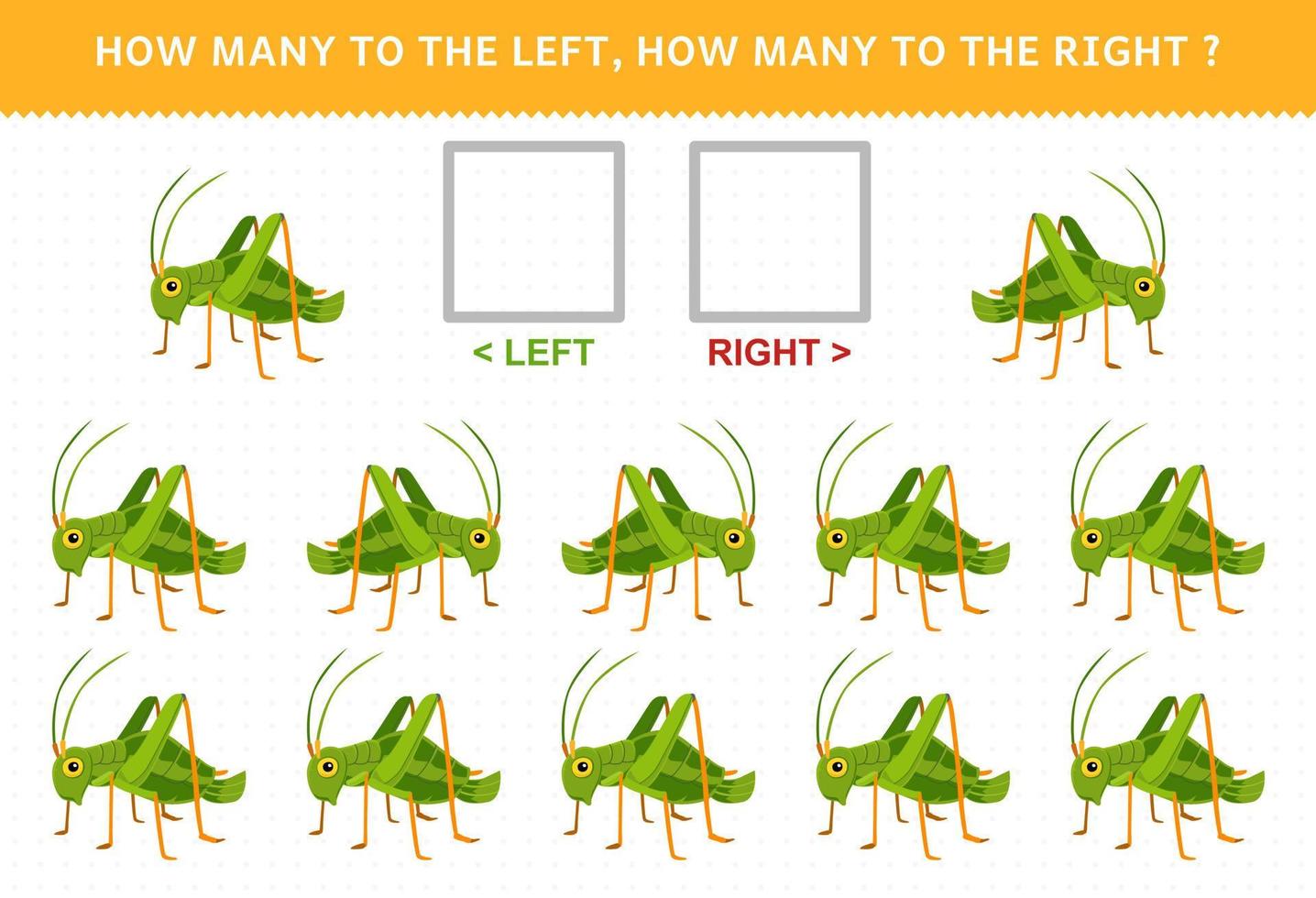 utbildning spel för barn match förbi riktning vänster rätt upp eller ner orientering av söt tecknad serie cricket tryckbar insekt kalkylblad vektor
