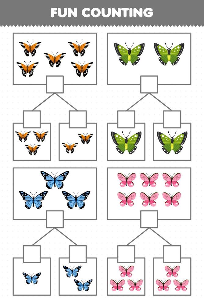 Lernspiel für Kinder Spaß beim Zählen von Bildern in jeder Schachtel mit niedlichem Cartoon-Schmetterling zum Ausdrucken vektor