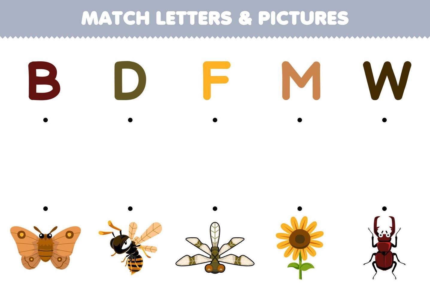 Bildungsspiel für Kinder Ordnen Sie Buchstaben und Bildern des niedlichen Cartoon-Mottenwespen-Libellenblumenkäfers ein druckbares Fehler-Arbeitsblatt zu vektor