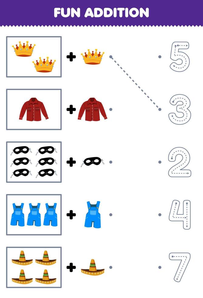 Bildungsspiel für Kinder Spaß Hinzufügen von Cartoon-Krone Flanellmaske Sombrero-Hut Wählen Sie dann die richtige Nummer, indem Sie das Arbeitsblatt für die Linienkleidung nachzeichnen vektor