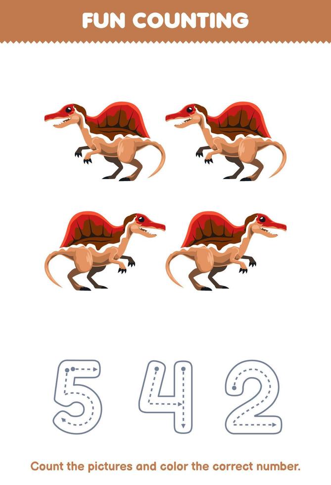 Bildungsspiel für Kinder, zählen Sie die Bilder und färben Sie die richtige Zahl aus dem niedlichen Zeichentrick-Spinosaurus-Arbeitsblatt zum Ausdrucken für prähistorische Dinosaurier vektor