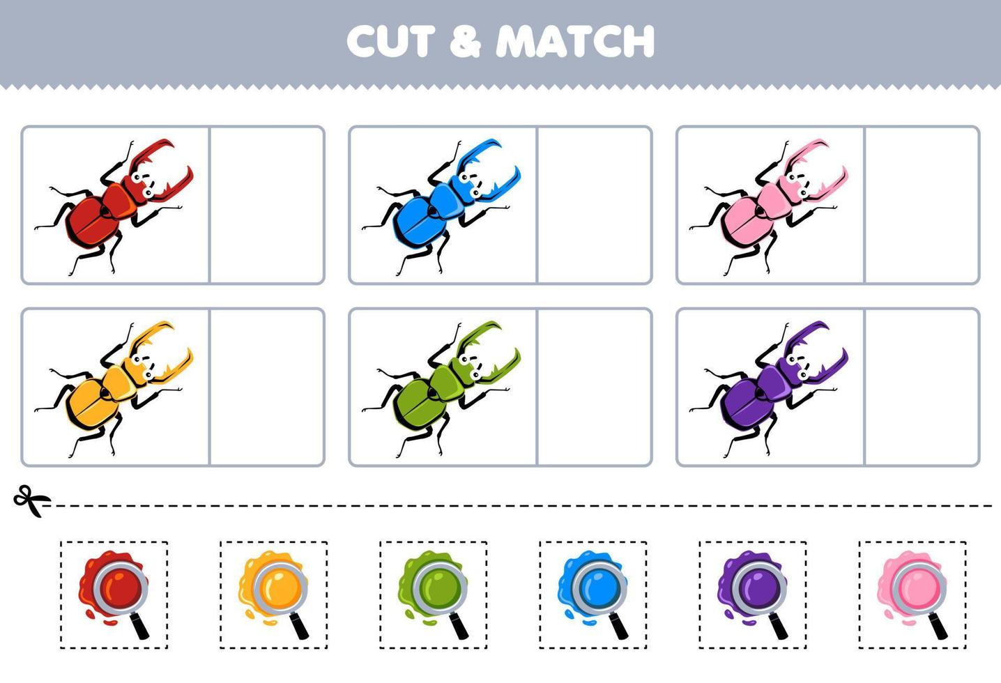 utbildning spel för barn skära och match de samma Färg av söt tecknad serie skalbagge tryckbar insekt kalkylblad vektor