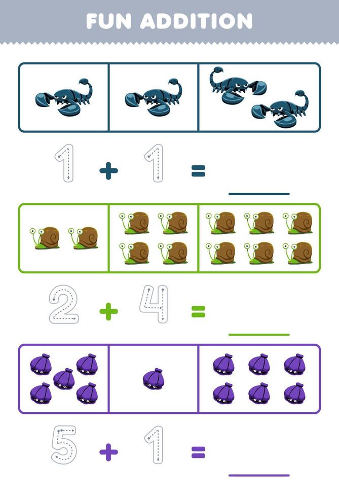 Lernspiel für Kinder, lustige Ergänzung durch Zählen und Verfolgen der Anzahl der niedlichen Cartoon-Skorpion-Schneckenhaus-Tier-Arbeitsblätter zum Ausdrucken vektor