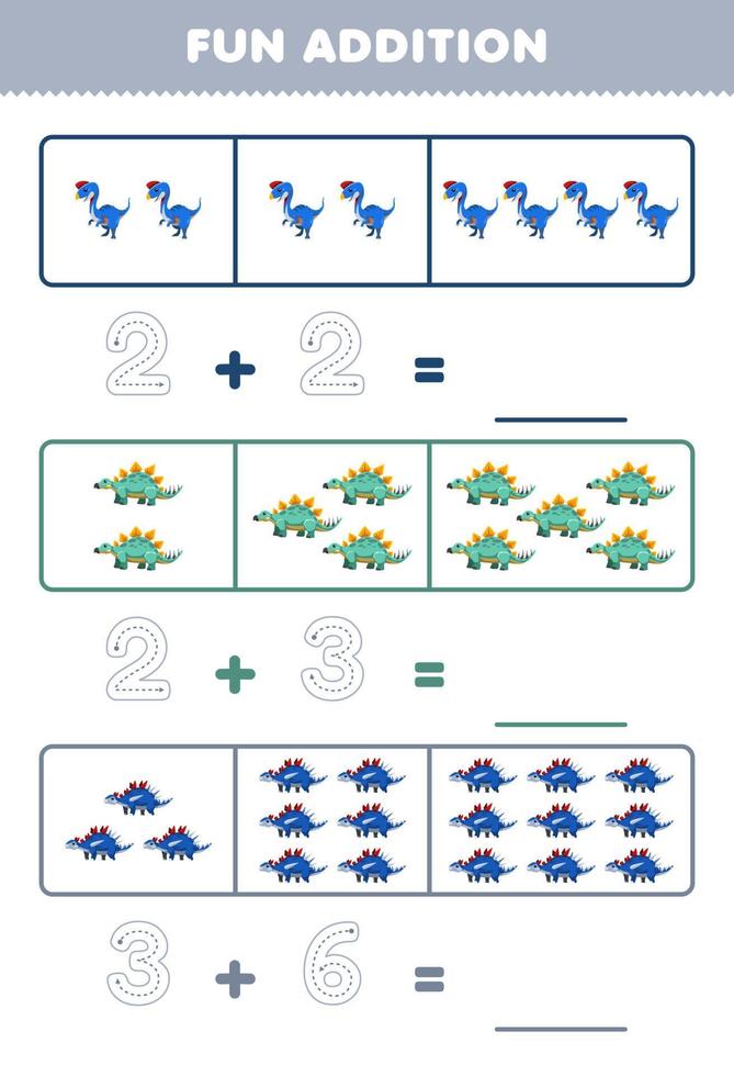 utbildning spel för barn roligt tillägg förbi räkning och spårande de siffra av söt tecknad serie blå dinosaurie tryckbar förhistorisk dinosaurie kalkylblad vektor