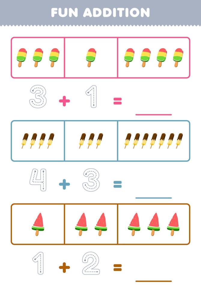Lernspiel für Kinder, lustige Ergänzung durch Zählen und Verfolgen der Anzahl von niedlichen Cartoon-Eis am Stiel zum Ausdrucken vektor