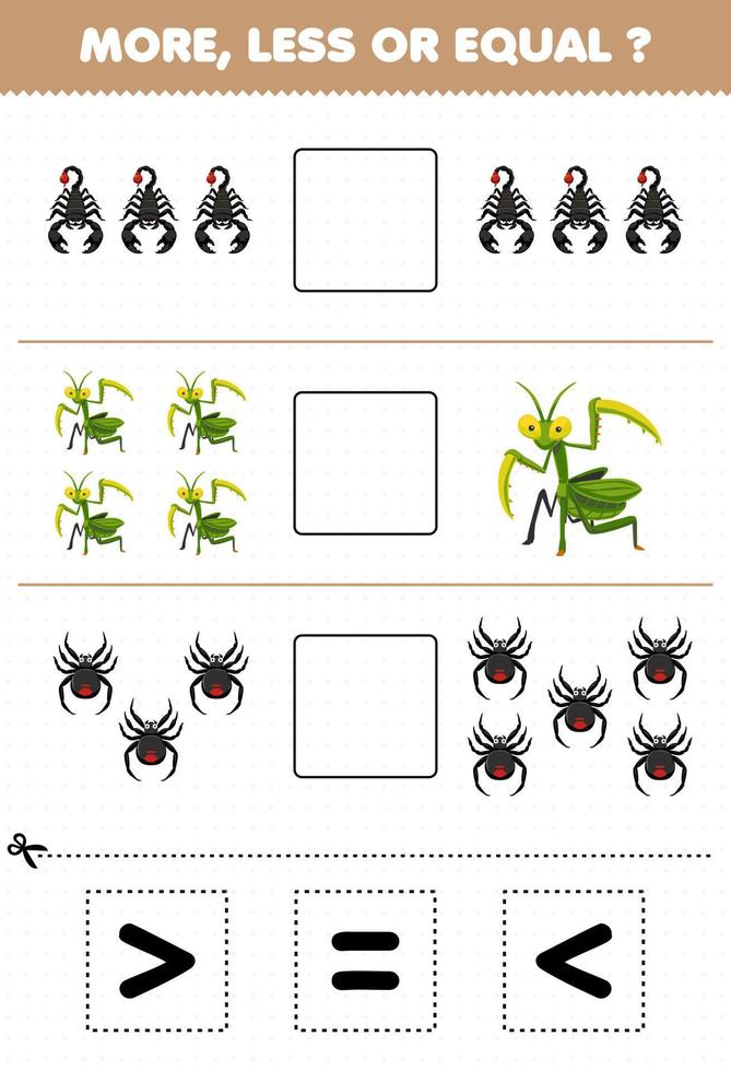 Bildungsspiel für Kinder mehr weniger oder gleich Zählen Sie die Menge der niedlichen Cartoon-Skorpion-Gottesanbeterin, schneiden Sie sie aus und kleben Sie sie aus. Schneiden Sie das Arbeitsblatt mit dem richtigen Schild vektor