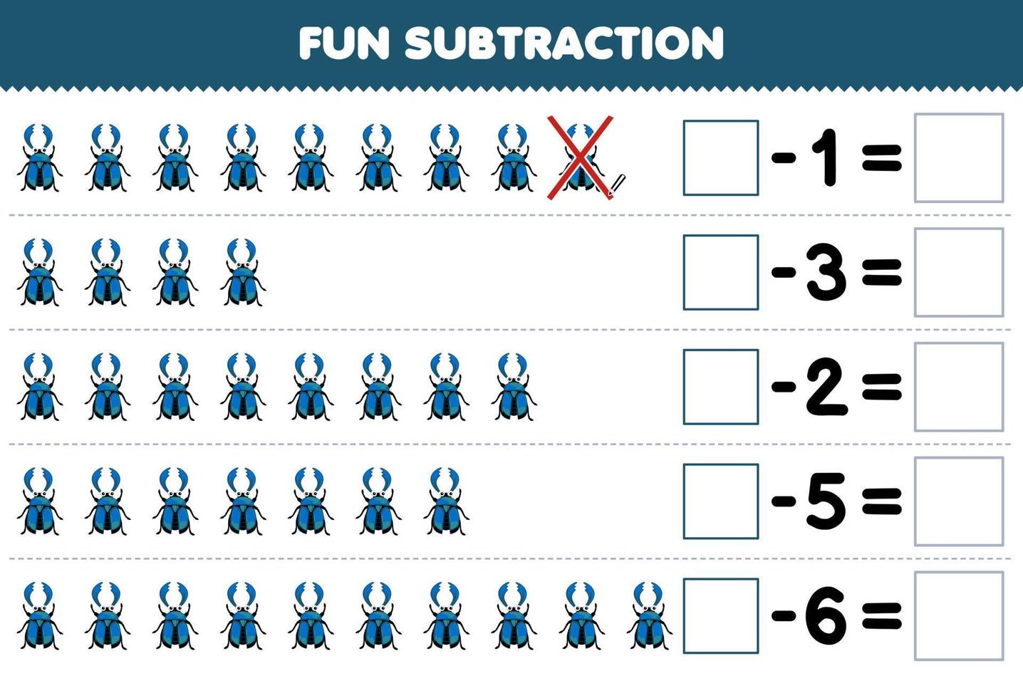 Lernspiel für Kinder Spaßsubtraktion durch Zählen des niedlichen Cartoon-Käfers in jeder Reihe und Eliminieren des druckbaren Fehler-Arbeitsblatts vektor