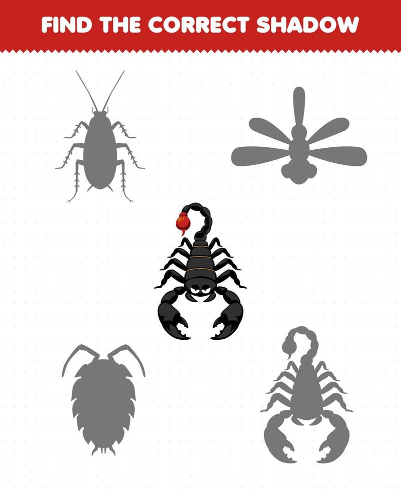 Bildungsspiel für Kinder Finden Sie das richtige Schattenset des niedlichen Cartoon-Skorpions zum Ausdrucken vektor