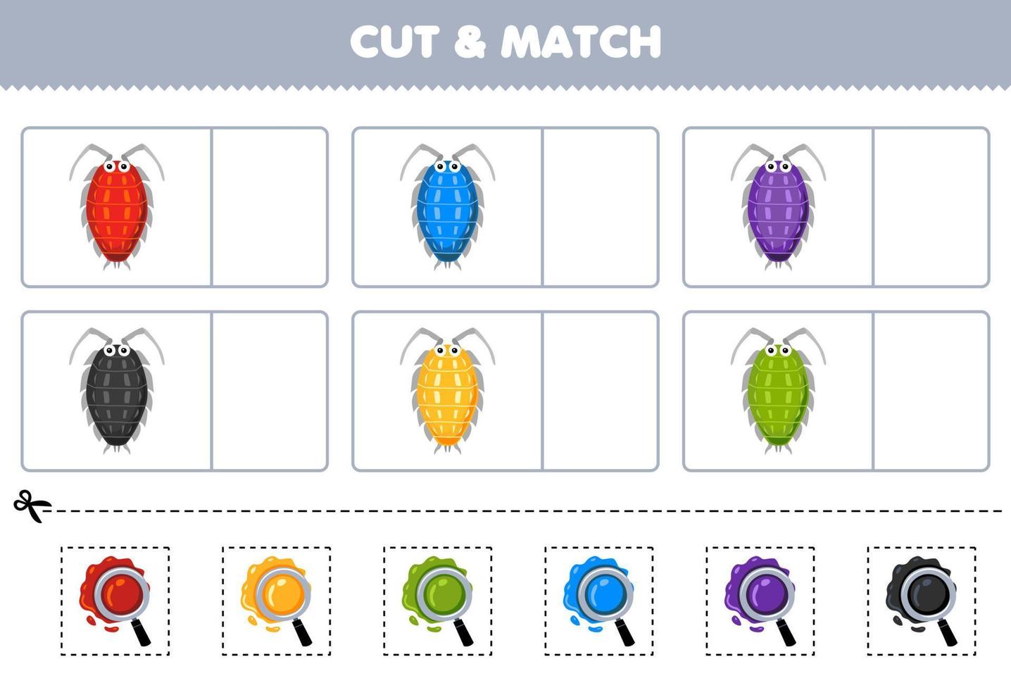 bildungsspiel für kinder schneiden und passen sie die gleiche farbe des druckbaren käfer-arbeitsblatts der niedlichen cartoon-laus an vektor