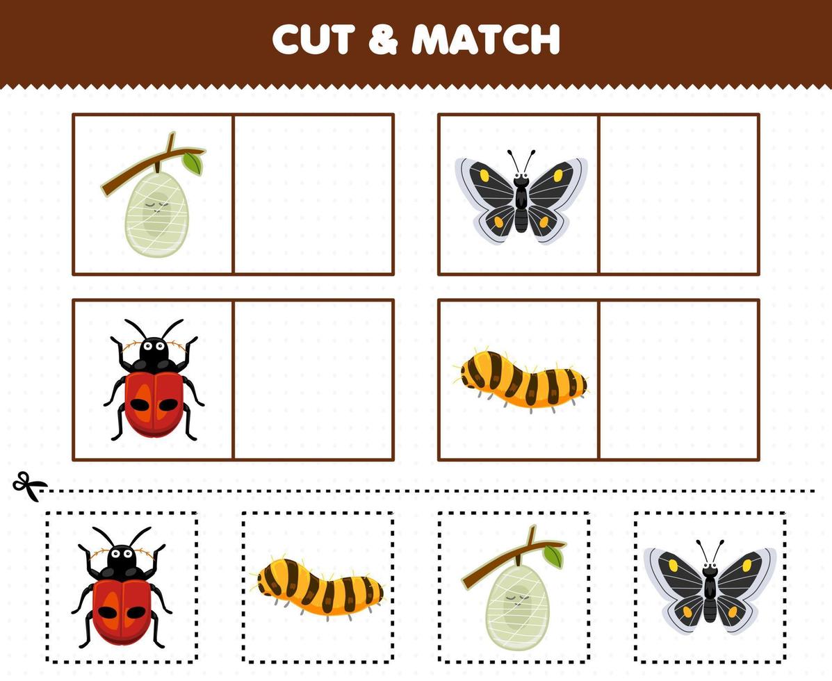 utbildning spel för barn skära och match de samma bild av söt tecknad serie kokong fjäril nyckelpiga silkesmask tryckbar insekt kalkylblad vektor