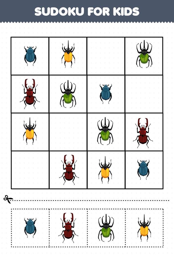 utbildning spel för barn sudoku för barn med söt tecknad serie skalbagge tryckbar insekt kalkylblad vektor