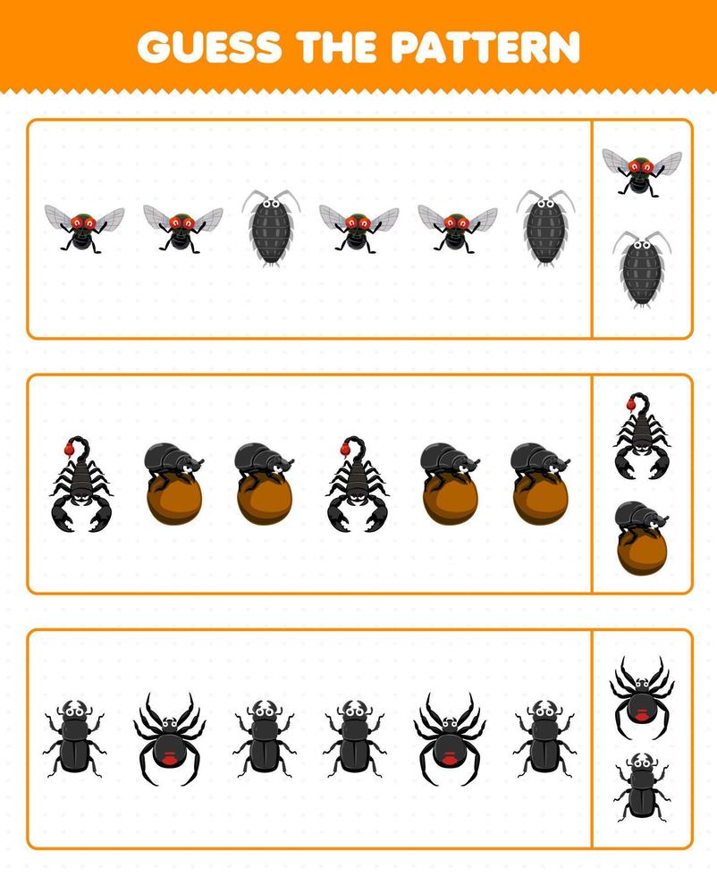 Lernspiel für Kinder Erraten Sie das Muster jeder Zeile aus dem Arbeitsblatt für Käfer mit niedlichem Cartoon, Fliege, Laus, Skorpion, Käfer, Spinne, zum Ausdrucken vektor