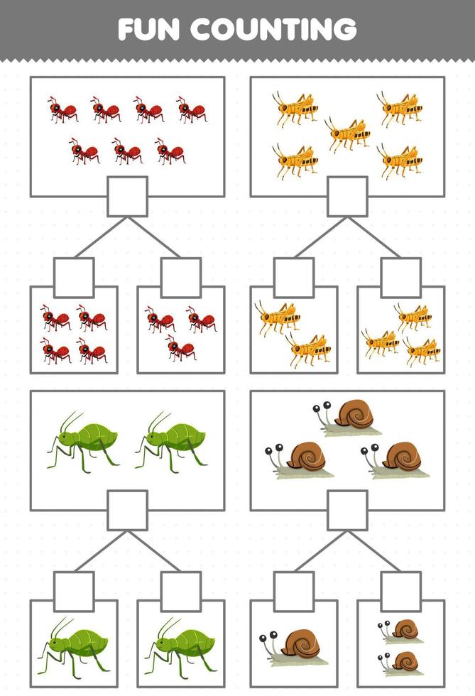 utbildning spel för barn roligt räkning bild i varje låda av söt tecknad serie myra gräshoppa bladlus snigel tryckbar insekt kalkylblad vektor