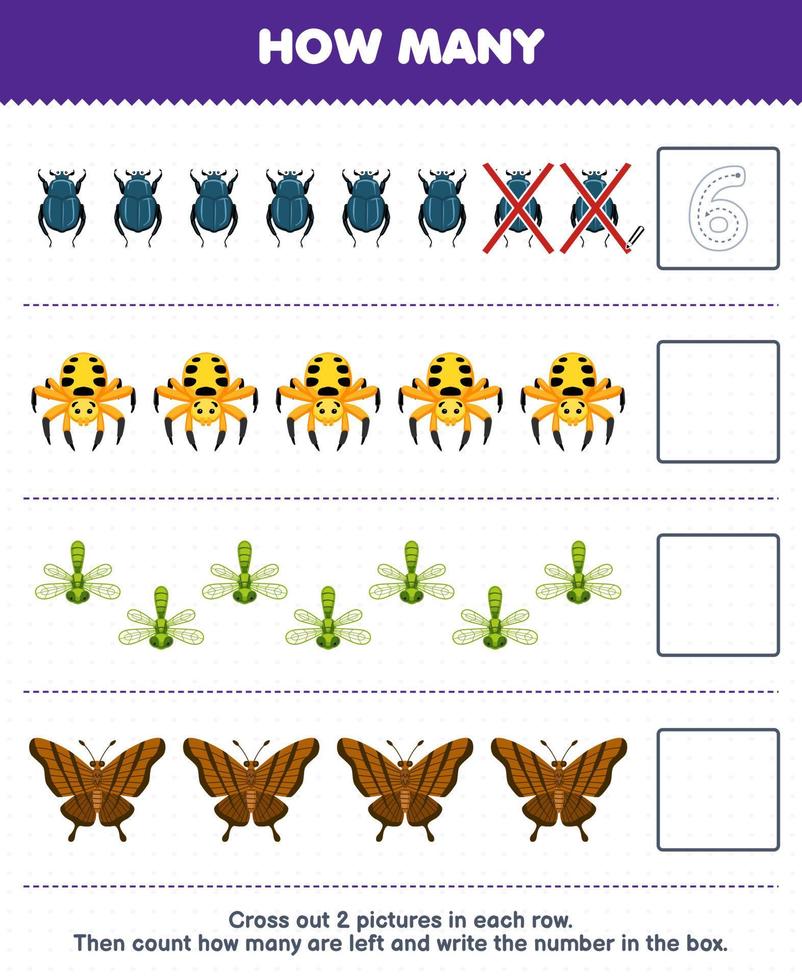 utbildning spel för barn räkna på vilket sätt många söt tecknad serie skalbagge Spindel trollslända fjäril och skriva de siffra i de låda tryckbar insekt kalkylblad vektor