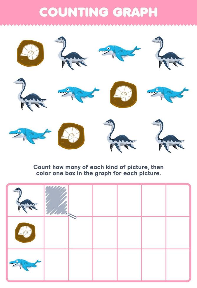 utbildning spel för barn räkna på vilket sätt många söt tecknad serie plesiosaurus mosasaurus fossil sedan Färg de låda i de Graf tryckbar förhistorisk dinosaurie kalkylblad vektor