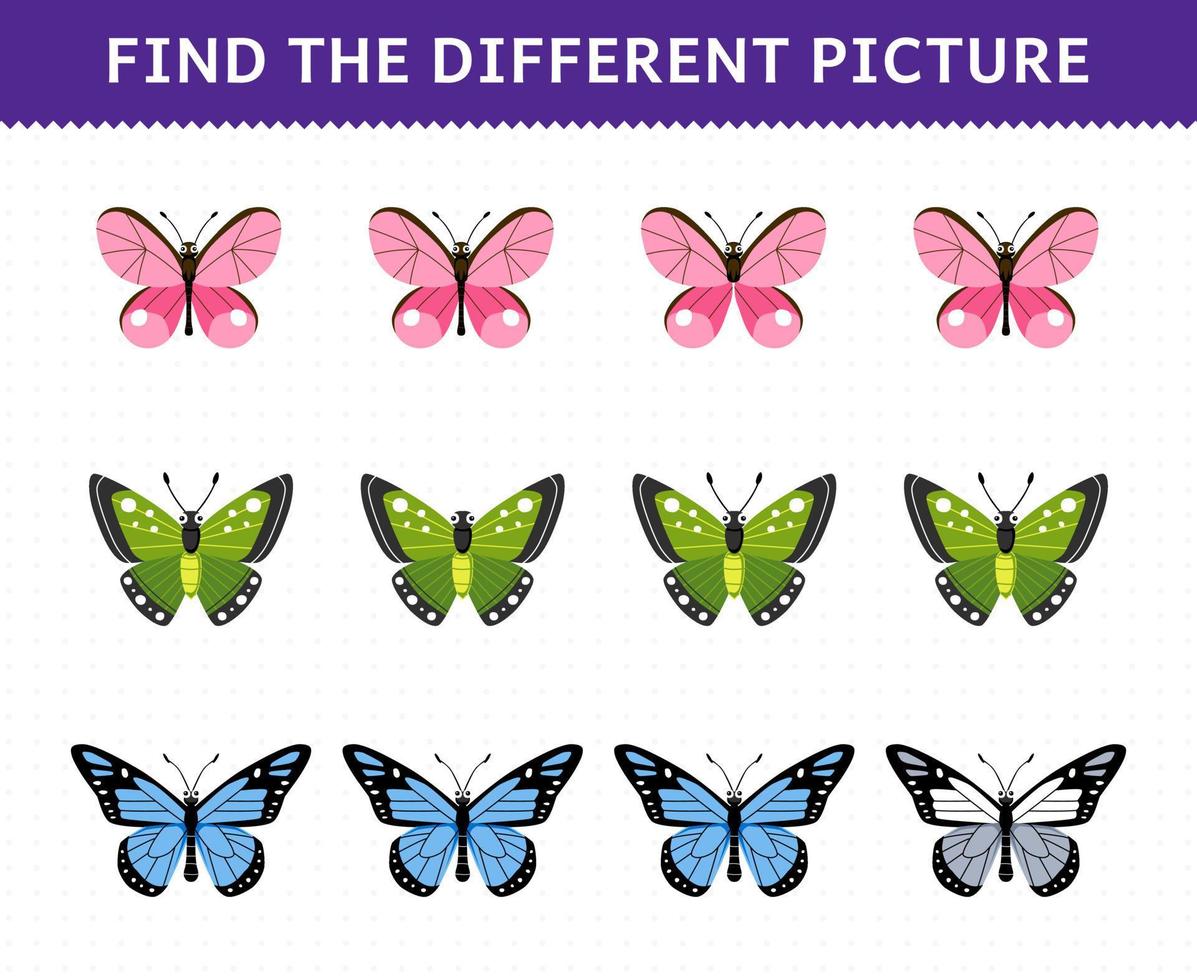 utbildning spel för barn hitta de annorlunda bild i varje rad av söt tecknad serie fjäril tryckbar insekt kalkylblad vektor