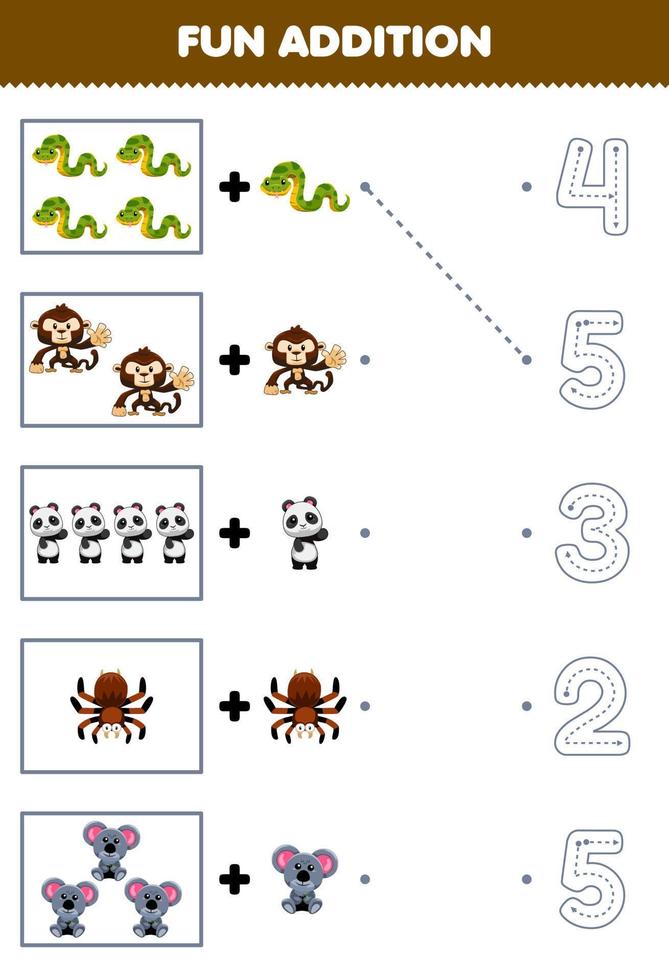 utbildning spel för barn roligt räkning och Lägg till ett Mer söt tecknad serie djungel djur- sedan välja de korrekt siffra förbi spårande de linje kalkylblad vektor