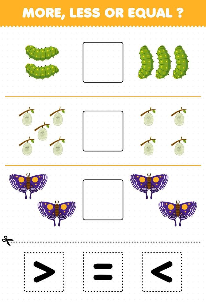 Bildungsspiel für Kinder mehr weniger oder gleich Zählen Sie die Menge des niedlichen Cartoon-Raupen-Kokon-Schmetterlings und schneiden Sie dann das richtige Schild-Fehler-Arbeitsblatt aus und kleben Sie es aus vektor