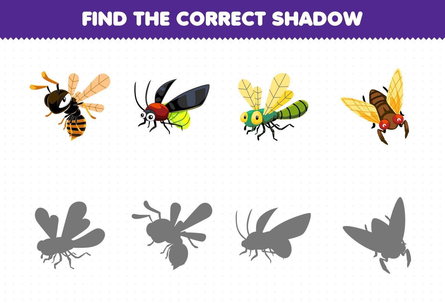 Bildungsspiel für Kinder Finden Sie den richtigen Schattensatz des niedlichen Cartoon-Bienen-Glühwürmchen-Libelle-Zikaden-Druckbaren-Fehler-Arbeitsblatts vektor