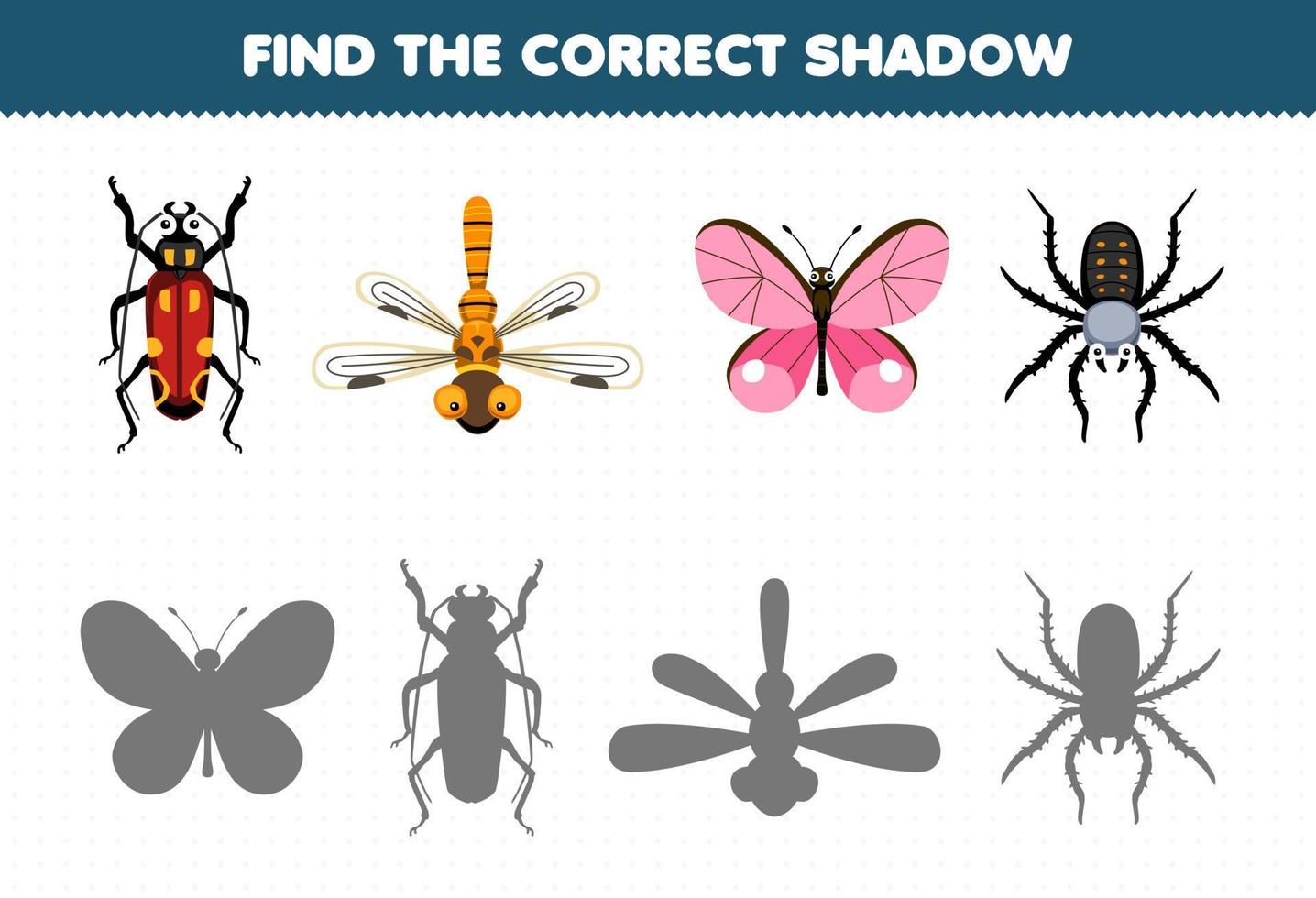Bildungsspiel für Kinder Finden Sie den richtigen Schattensatz aus niedlichem Cartoon-Käfer, Libelle, Schmetterling, Spinne, druckbares Fehler-Arbeitsblatt vektor