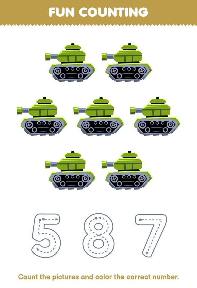 Lernspiel für Kinder, zählen Sie die Bilder und färben Sie die richtige Zahl aus dem Transportarbeitsblatt zum Ausdrucken für niedliche Cartoon-Panzer vektor