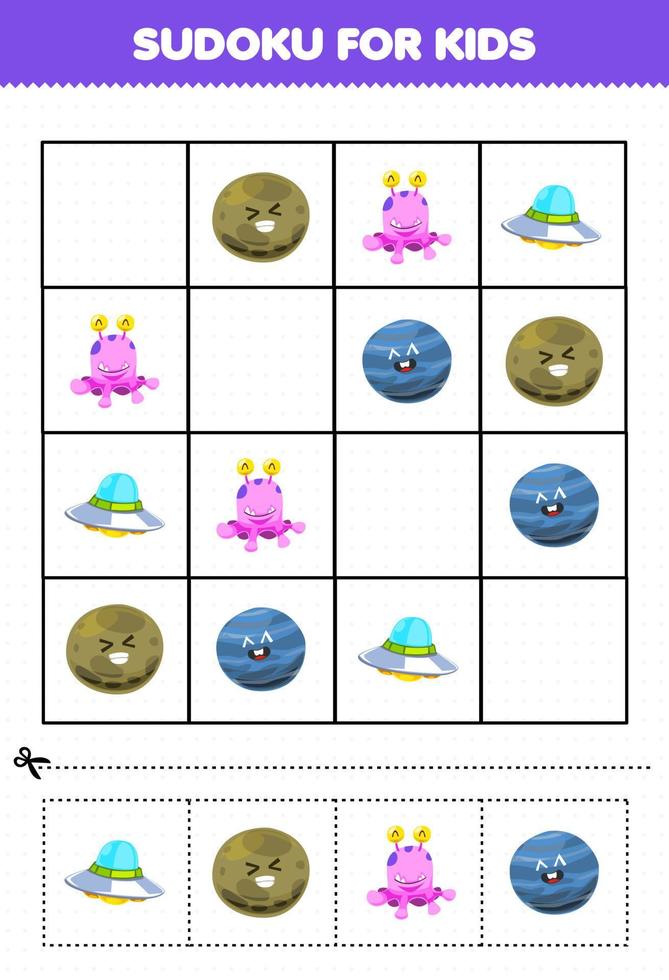 Bildungsspiel für Kinder Sudoku für Kinder mit niedlichem Cartoon-Sonnensystem-Planeten-Alien-UFO-Bild vektor