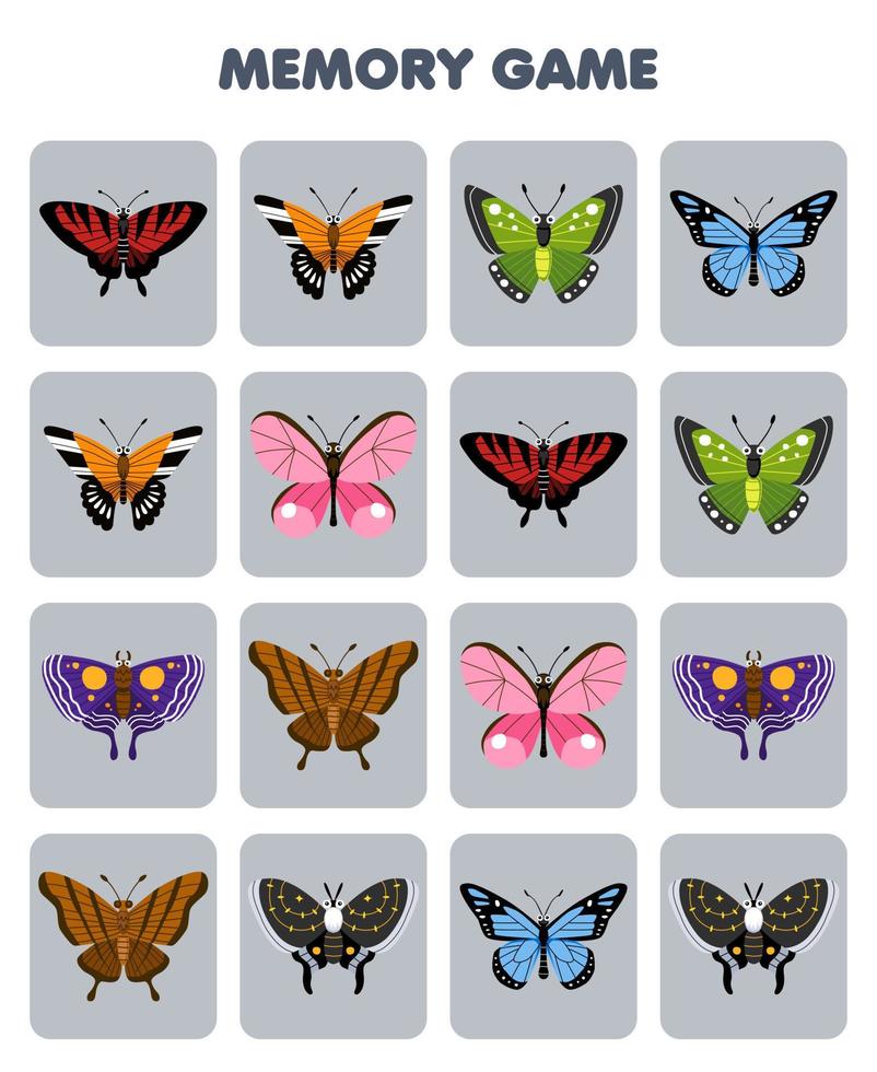 utbildning spel för barn minne till hitta liknande bilder av söt tecknad serie fjäril tryckbar insekt kalkylblad vektor