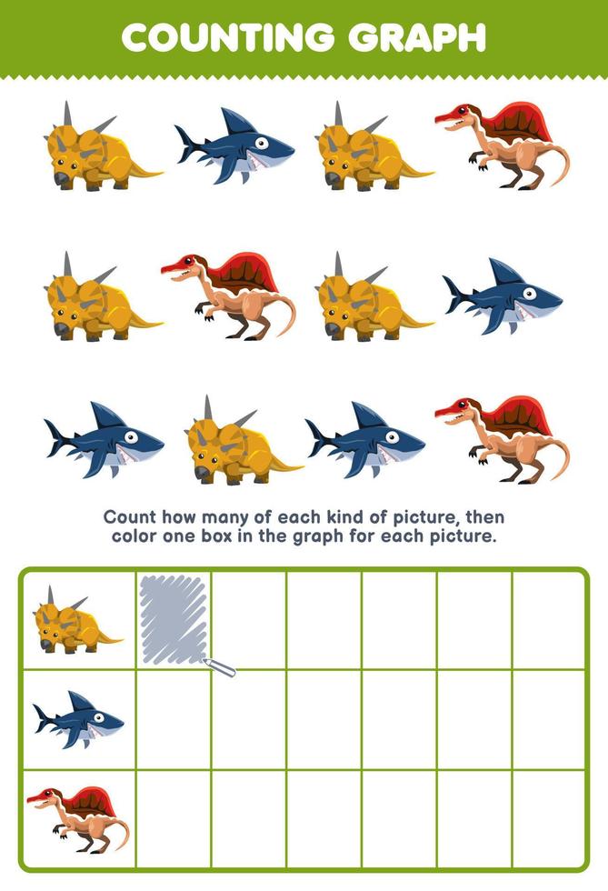 utbildning spel för barn räkna på vilket sätt många söt tecknad serie xenoceratops megalodon spinosaurus sedan Färg de låda i de Graf tryckbar förhistorisk dinosaurie kalkylblad vektor