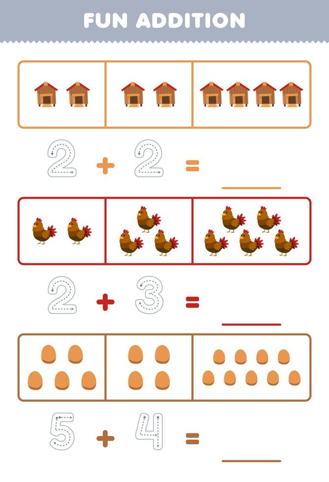 Lernspiel für Kinder, lustige Ergänzung durch Zählen und Verfolgen der Anzahl der niedlichen Cartoon-Hühnerstall-Eier zum Ausdrucken des Farm-Arbeitsblatts vektor