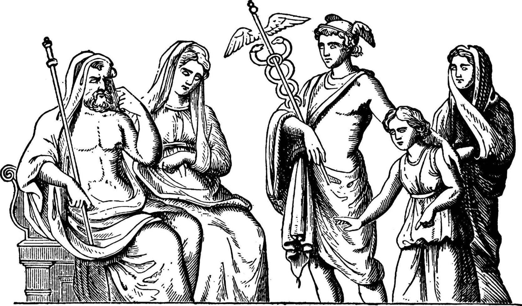 pluto, persephone und quecksilberweinleseillustration. vektor