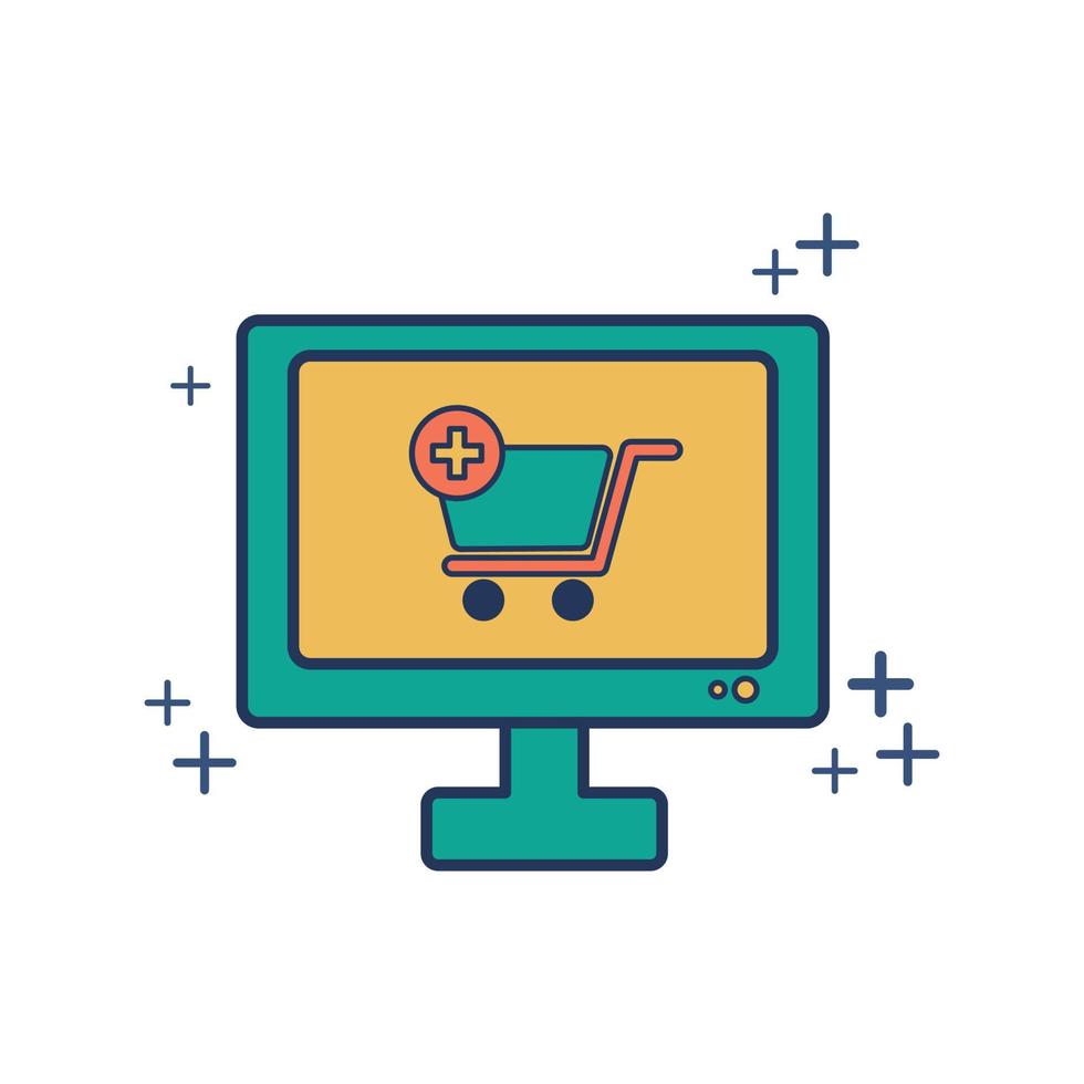 Online-Shopping auf Computer-Icon-Vektor-Illustration-Glyphen-Stil-Design mit Farbe und Pluszeichen auf weißem Hintergrund vektor