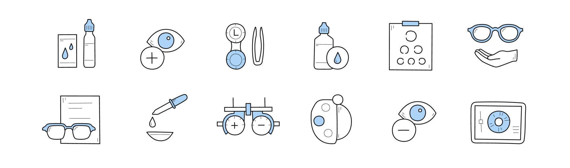 Satz Optometrie, Doodle-Symbole für die Augengesundheit vektor