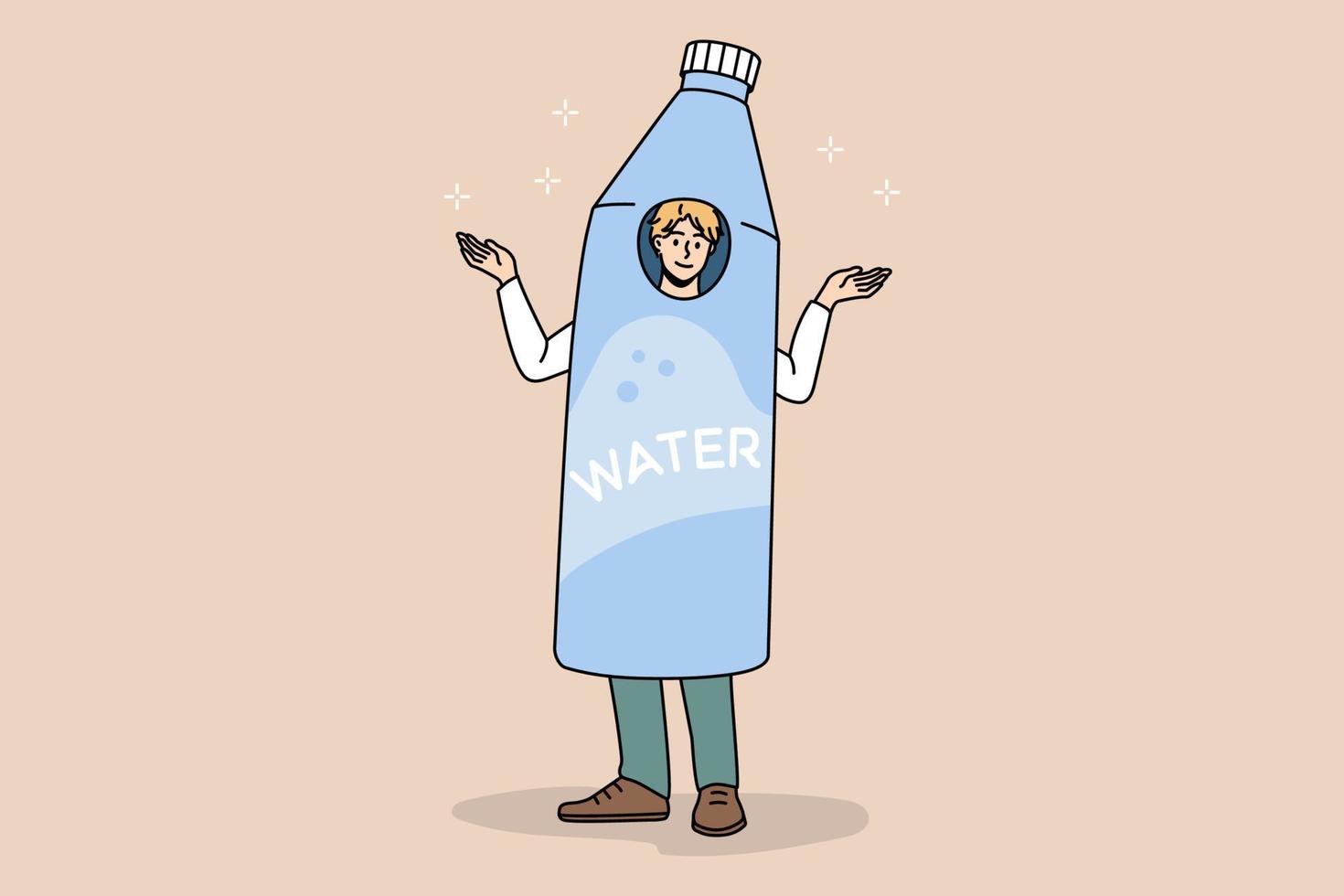 leende man klädd i vatten flaska annonsera rekommendera friska livsstil. Lycklig manlig i kostym i mineral aqua annons. annons, kropp förfriskning, hydratisering begrepp. vektor illustration.