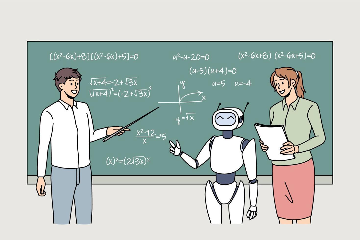 modern robot och lärare studie på svarta tavlan i klassrum av universitet. artificiell intelligens och innovation begrepp. digital vetenskap undervisning bot. teknologi begrepp. vektor illustration.