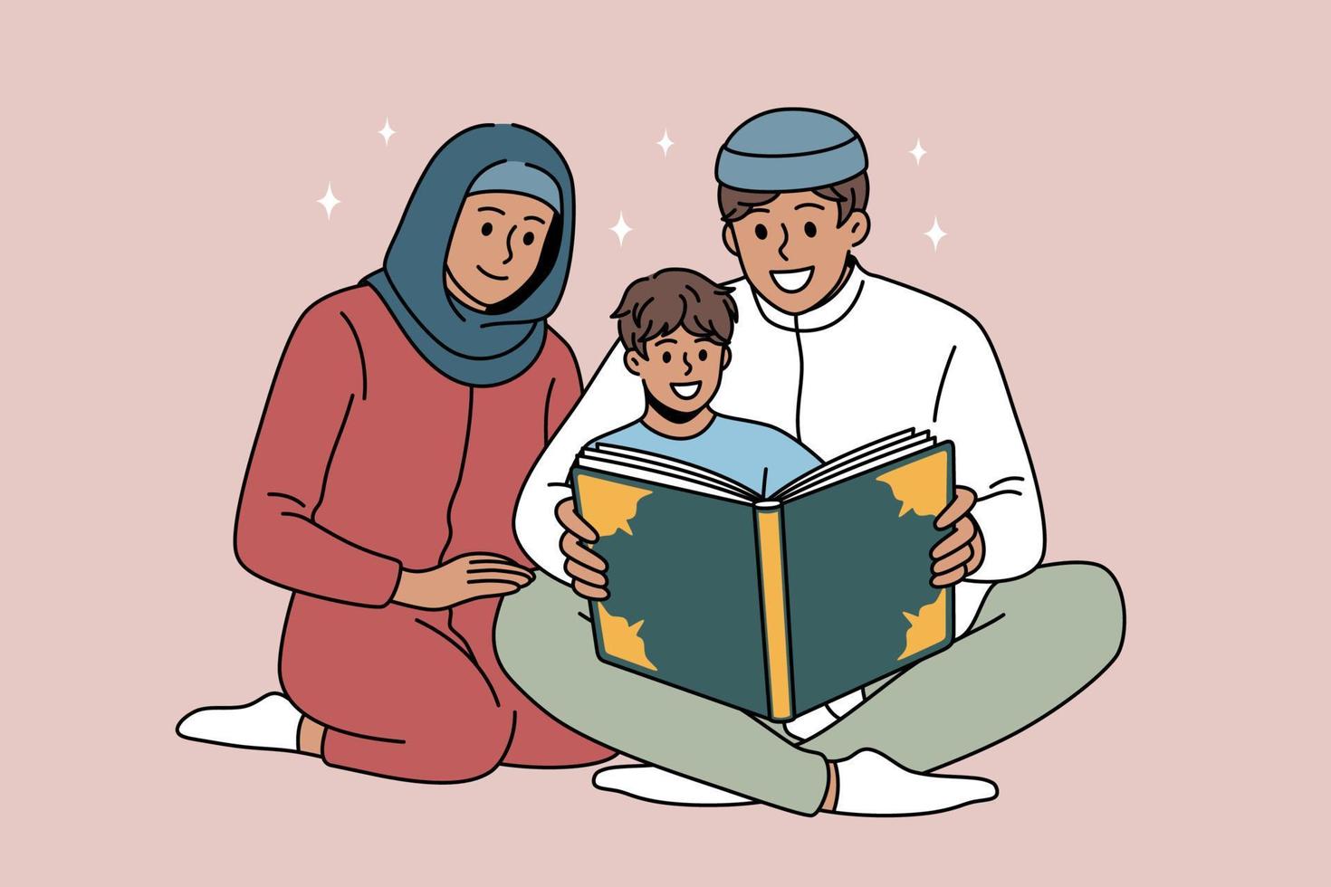 religiös utbildning och islam begrepp. Lycklig ung arab familj far mor och son Sammanträde på golv och läsning koranen bok vektor illustration