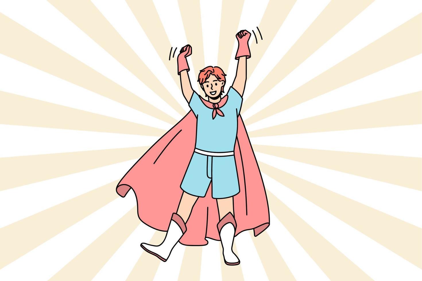 Lycklig caucasian pojke unge i superhjälte kostym höja vapen fira vinna eller seger i spel. leende kille i super hjälte Kläder i vinnare utgör. Framgång, prestation. platt vektor illustration.