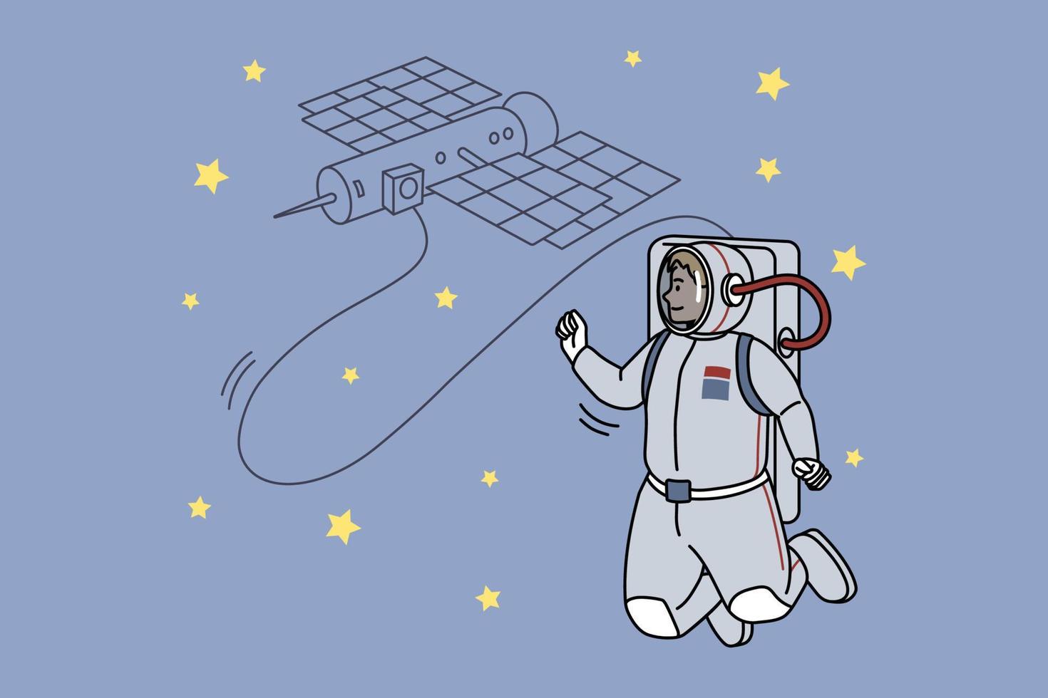 astronaut i kostym ansluten till satellit i öppen Plats. spaceman med orbital kropp i universum. öppning ny horisonter begrepp. upplysning och upptäckt. platt vektor illustration.