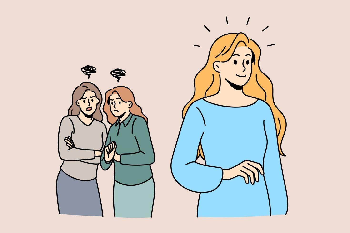 kvinna grupp chattar skvaller begrepp. två intresserad flickor vänner stående diskuterar gående förbi blond lady vektor illustration