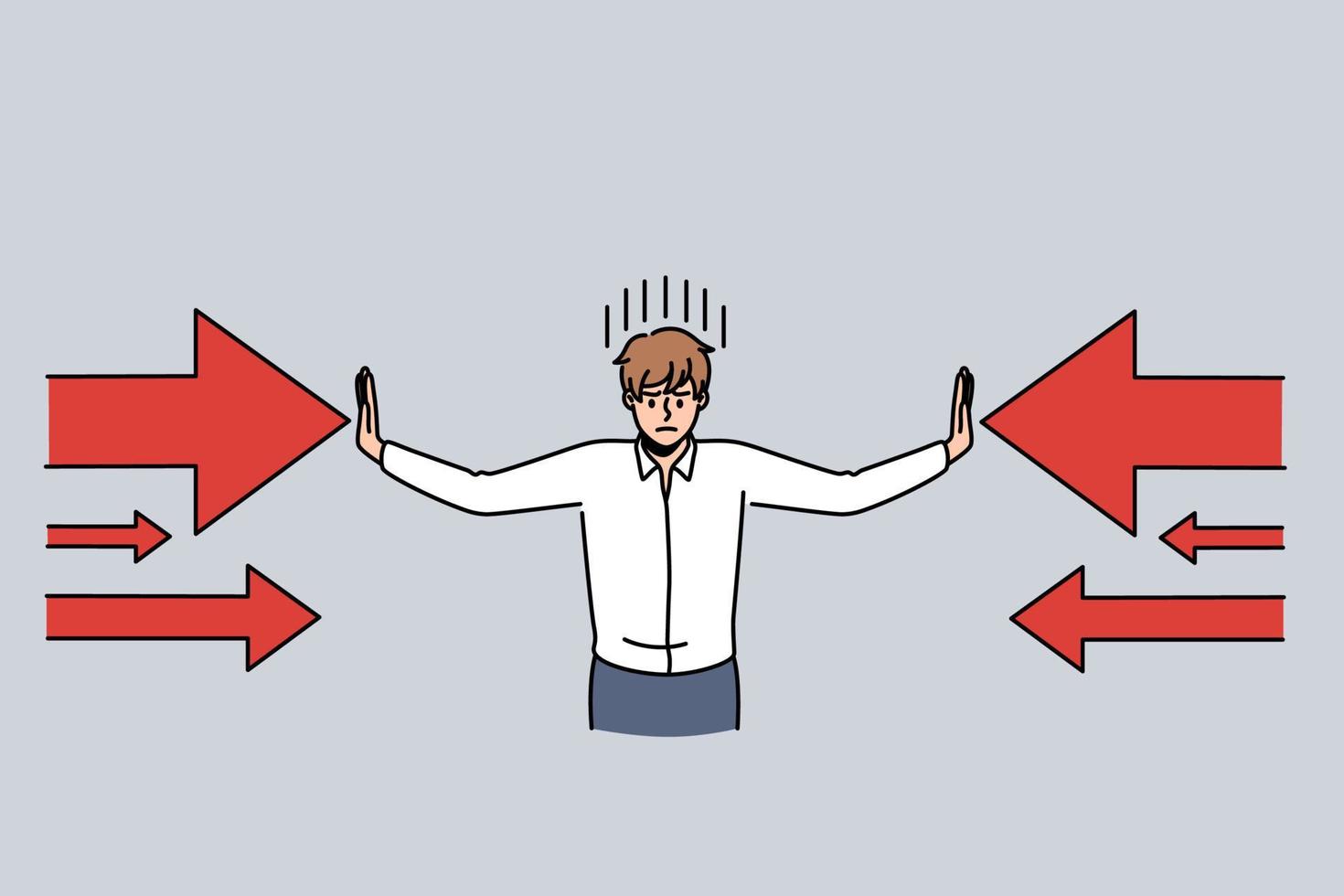 Geschäftsherausforderung und Druckkonzept. junge entschlossene geschäftsmann-zeichentrickfigur, die steht und sich gegen druck auf beiden seiten verteidigt, vektorillustration vektor