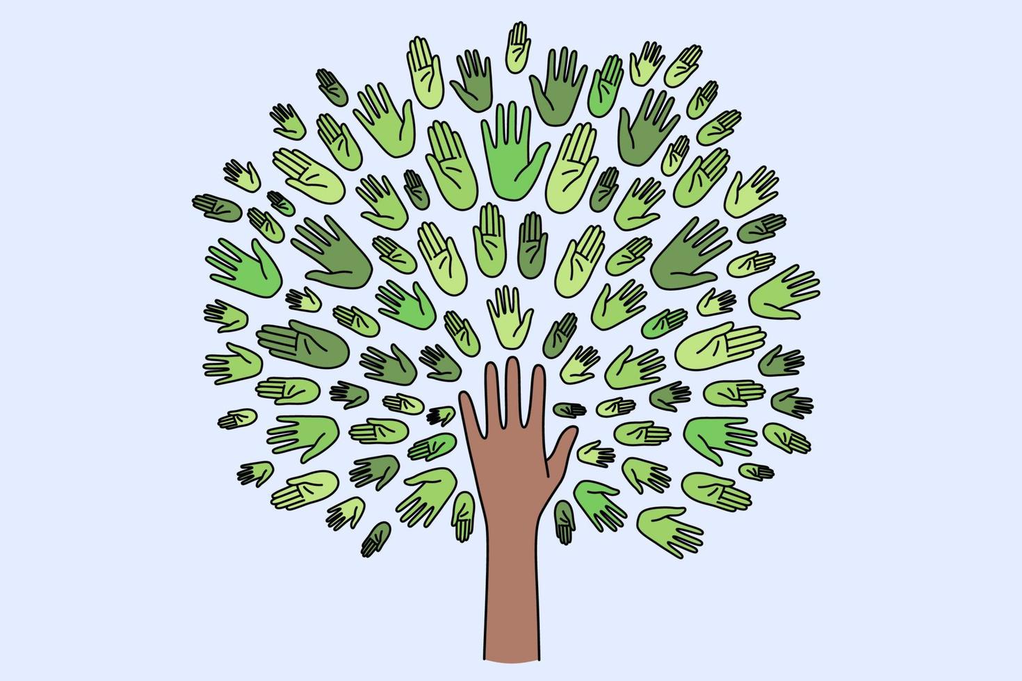 einheit, zusammengehörigkeit und ökologiekonzept. menschliche Hand, die Baum mit grüner Krone bildet, die aus verschiedenen Handvektorillustrationen besteht vektor