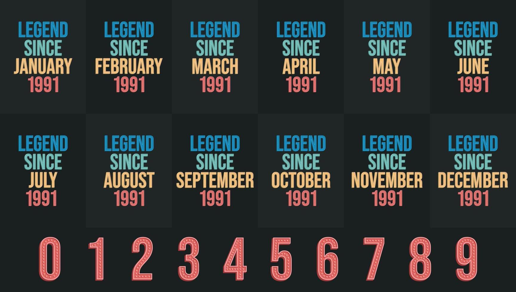 legend eftersom 1991 Allt månad inkluderar. född i 1991 födelsedag design bunt för januari till december vektor