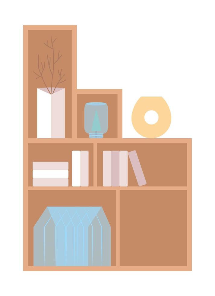 Bücherregal für Wohnzimmer halbflaches Farbvektorobjekt. bearbeitbares Element. Artikel in voller Größe auf weiß. Hygge-Innenarchitektur einfache Cartoon-Stil-Illustration für Web-Grafikdesign und Animation vektor