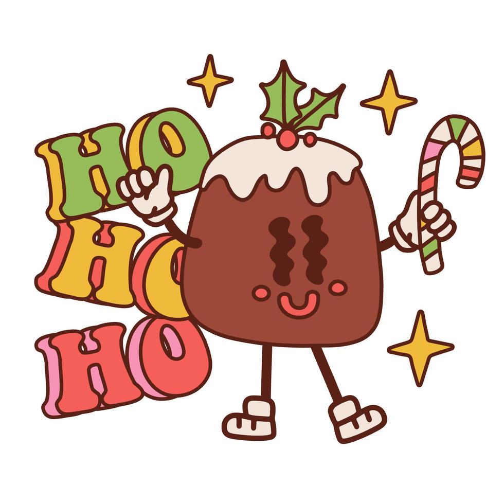 grooviger weihnachtskuchen grooviger charakter lokalisiertes konzept mit text hoho ho. retro-maskottchen-cliparts mit handschuhen und zuckerstange. vektor handgezeichnete illustration.