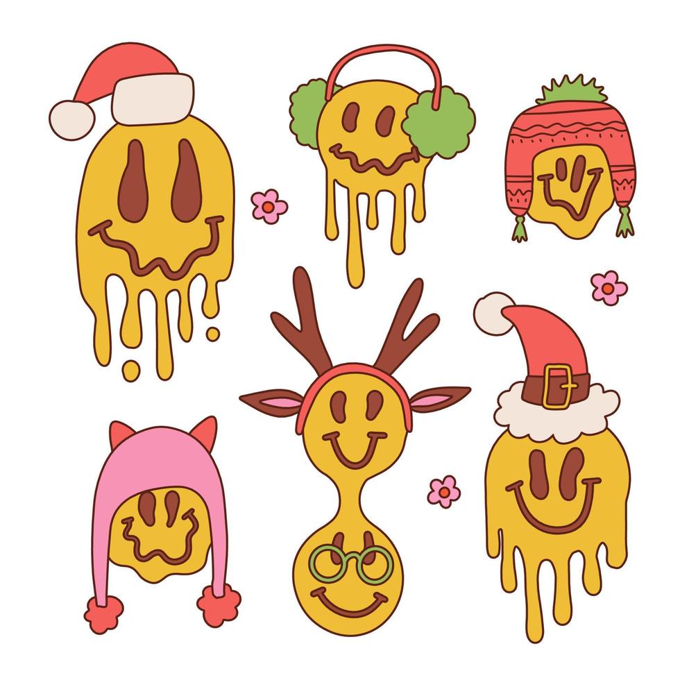 weihnachtsset mit groovigen emojis in verschiedenen feiertagshüten. Hippie-Lächeln mit Weihnachtsmütze im Retro-Stil der 70er Jahre. Schmelzende Gesichter. Kontur handgezeichnete Vektorillustration. vektor