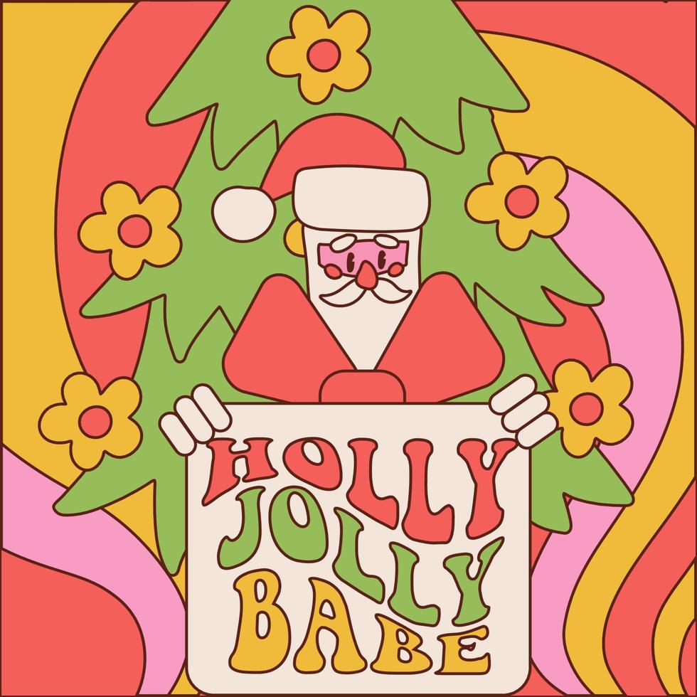 toller weihnachtsmann mit geschenkbox, weihnachtsbaum mit blumengirlande. lustiger charakter mit beschriftungstext - holly jolly babe. Konzept für das neue Jahr für Grußkarten, Poster, Banner. Vektordesign vektor