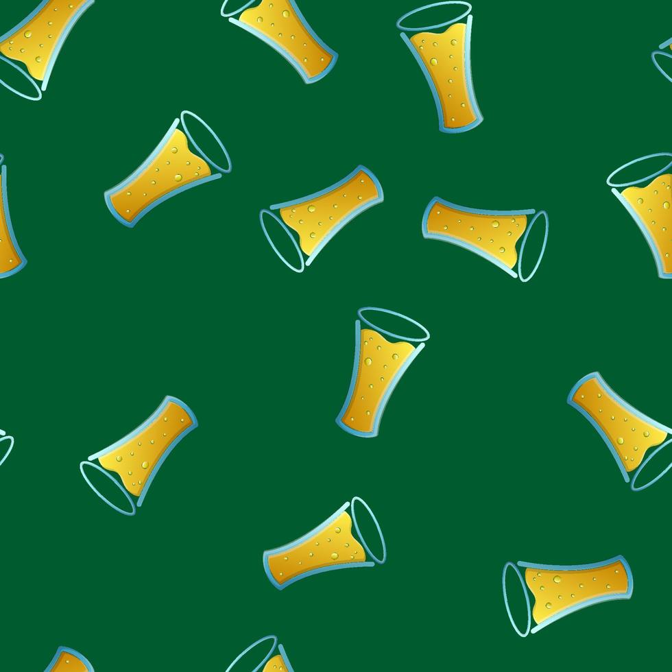 ändlös sömlös mönster av gul skön glas bägare med alkohol utsökt ljus öl skummig hopp lageröl på en grön bakgrund. vektor illustration