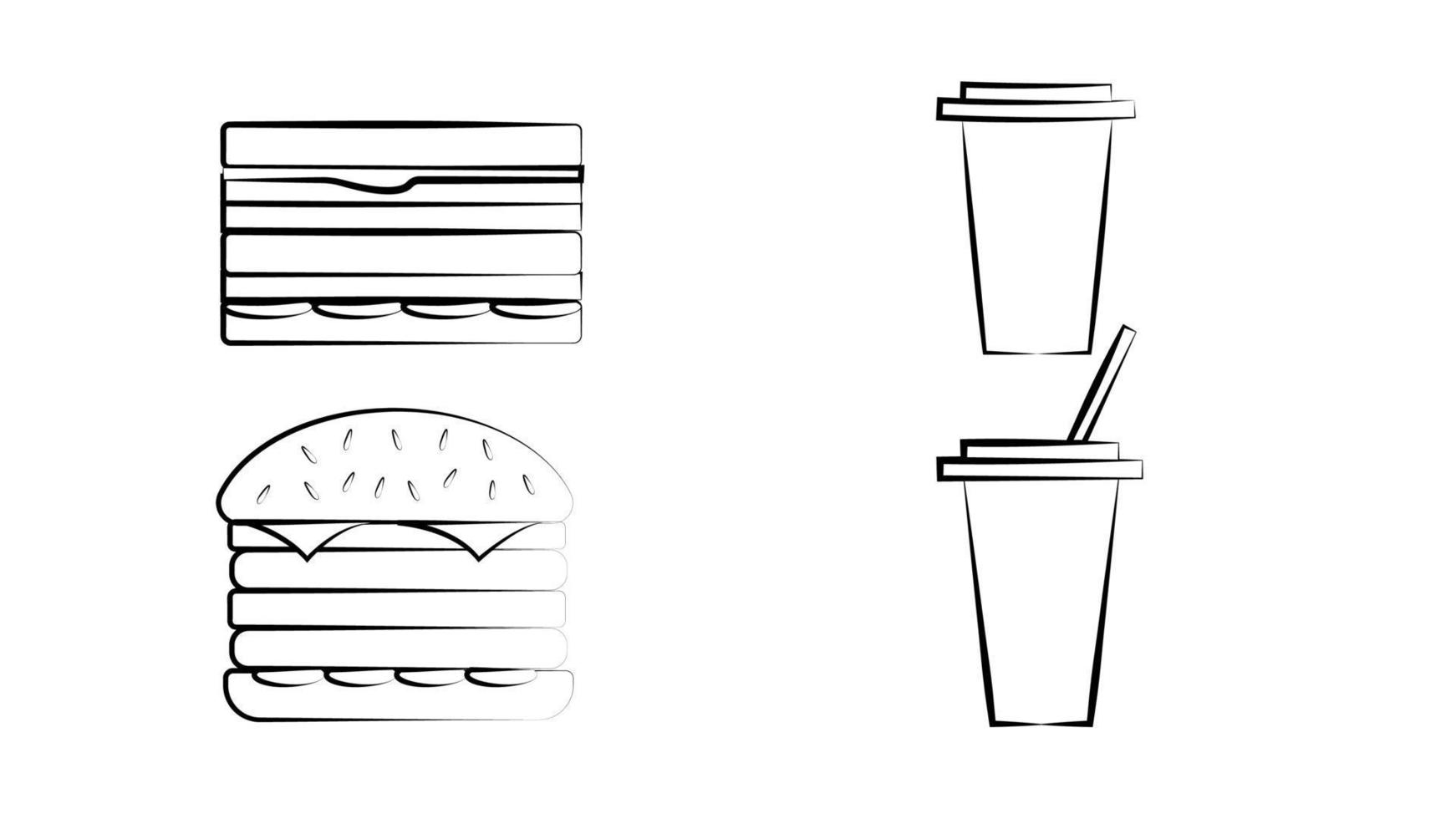 snabb mat vektor hand dragen uppsättning. graverat stil skräp mat illustration. hamburgare, varm hund, pizza, franska frites och soda teckning. bra för märka, meny, affisch, baner, kupong, kupong, företag främja