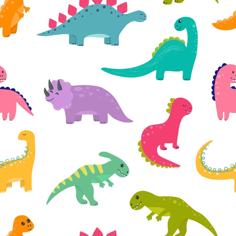 vektor sömlös barnslig mönster med färgrik dinosaurier. bebis bakgrund för barnkammare, omslag papper, tyg, textil. rolig liten dinosaurie.