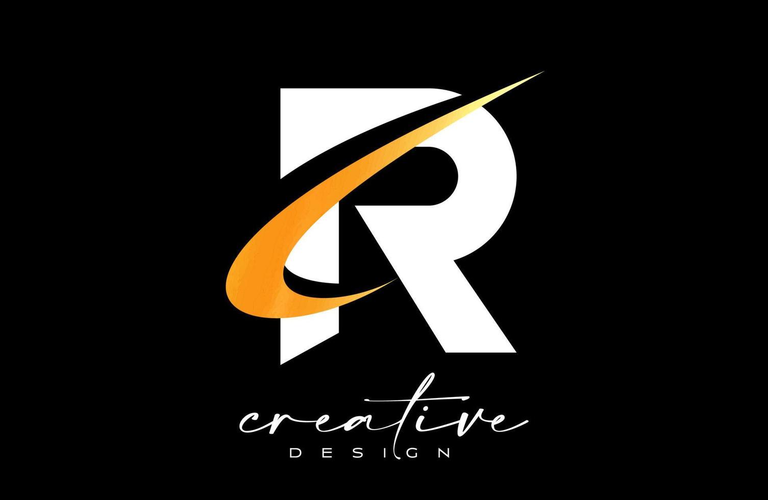 r-Buchstaben-Logo-Design mit kreativem goldenem Swoosh. Buchstabe r Anfangssymbol mit gebogenem Formvektor vektor