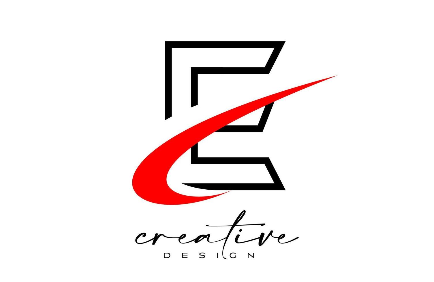 Umriss e-Buchstaben-Logo-Design mit kreativem roten Swoosh. Buchstabe e Anfangssymbol mit gebogenem Formvektor vektor